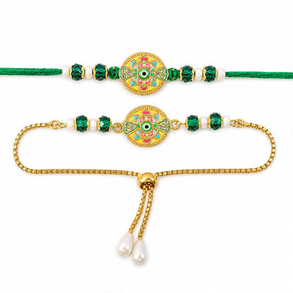 Round Nazar Evil Eye Meenakari Kundan Beads Bhai Bhabhi Rakhi Lumba Set