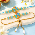 Round Wave Meenakari Kundan Turquoise Beads Bhai Bhabhi Rakhi Lumba Set