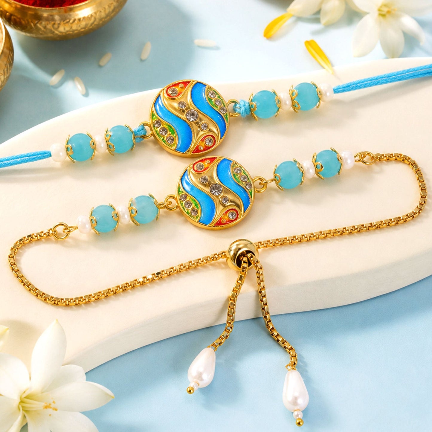 Round Wave Meenakari Kundan Turquoise Beads Bhai Bhabhi Rakhi Lumba Set