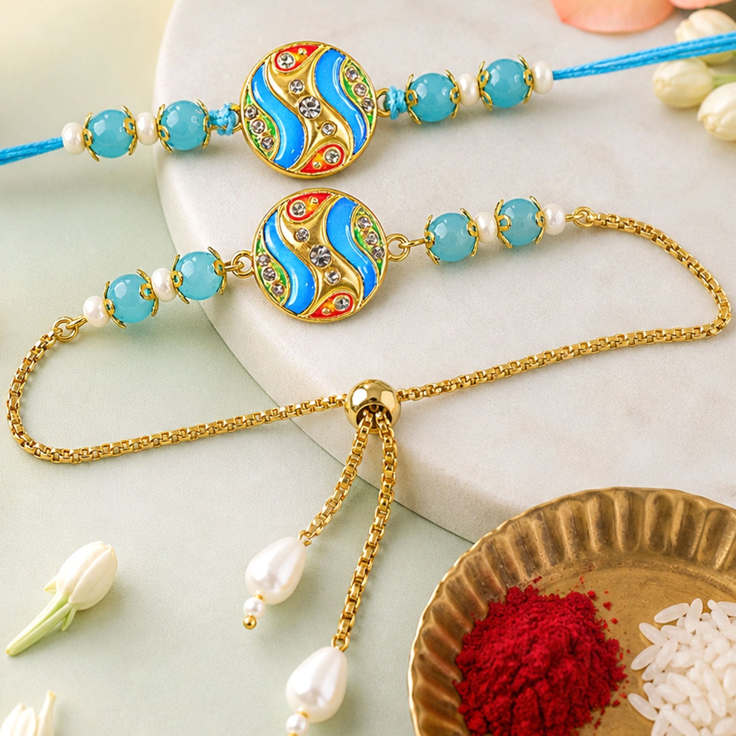 Round Wave Meenakari Kundan Turquoise Beads Bhai Bhabhi Rakhi Lumba Set