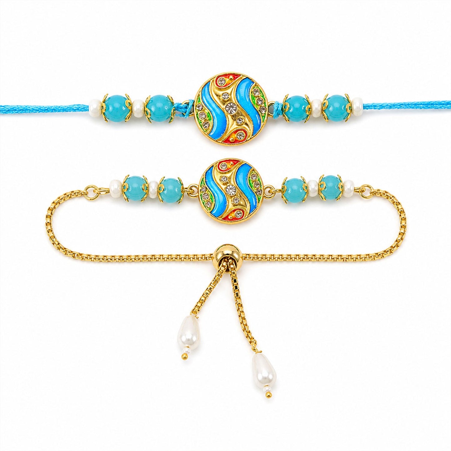 Round Wave Meenakari Kundan Turquoise Beads Bhai Bhabhi Rakhi Lumba Set