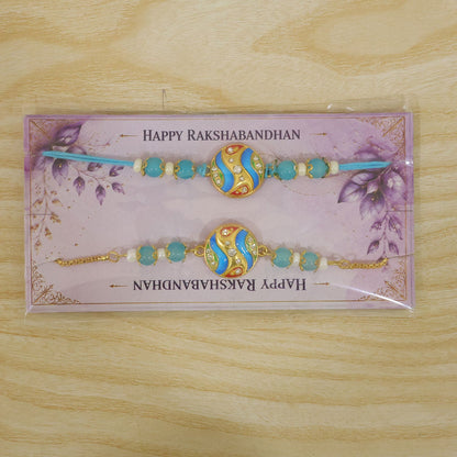 Round Wave Meenakari Kundan Turquoise Beads Bhai Bhabhi Rakhi Lumba Set