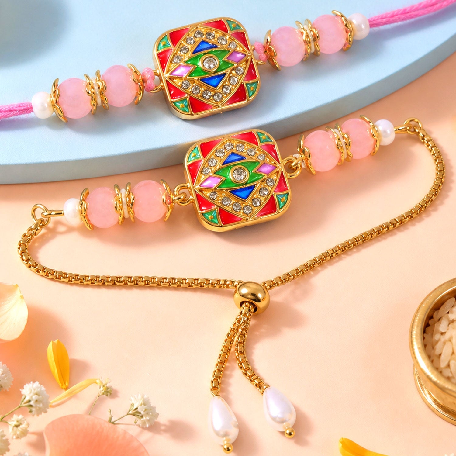 Premium Meenakari Mosaic Square Beads Bhai Bhabhi Rakhi Lumba Set