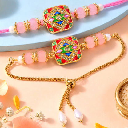 Premium Meenakari Mosaic Square Beads Bhai Bhabhi Rakhi Lumba Set