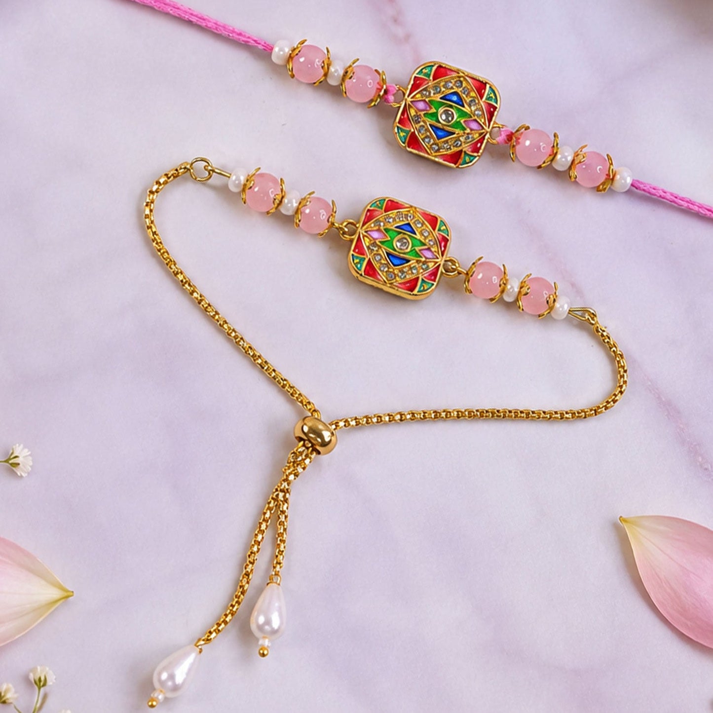Premium Meenakari Mosaic Square Beads Bhai Bhabhi Rakhi Lumba Set