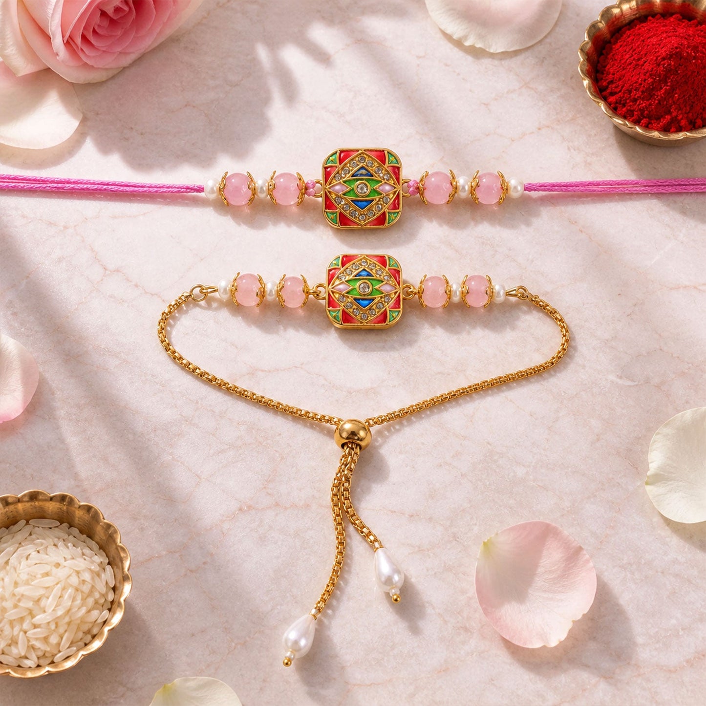 Premium Meenakari Mosaic Square Beads Bhai Bhabhi Rakhi Lumba Set