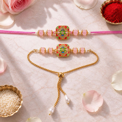 Premium Meenakari Mosaic Square Beads Bhai Bhabhi Rakhi Lumba Set