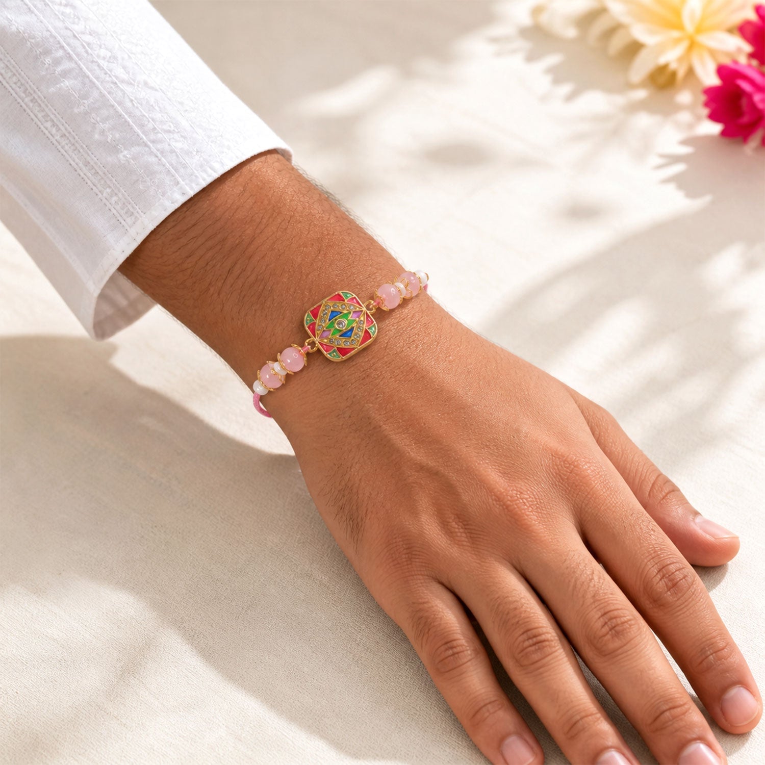 Premium Meenakari Mosaic Square Beads Bhai Bhabhi Rakhi Lumba Set