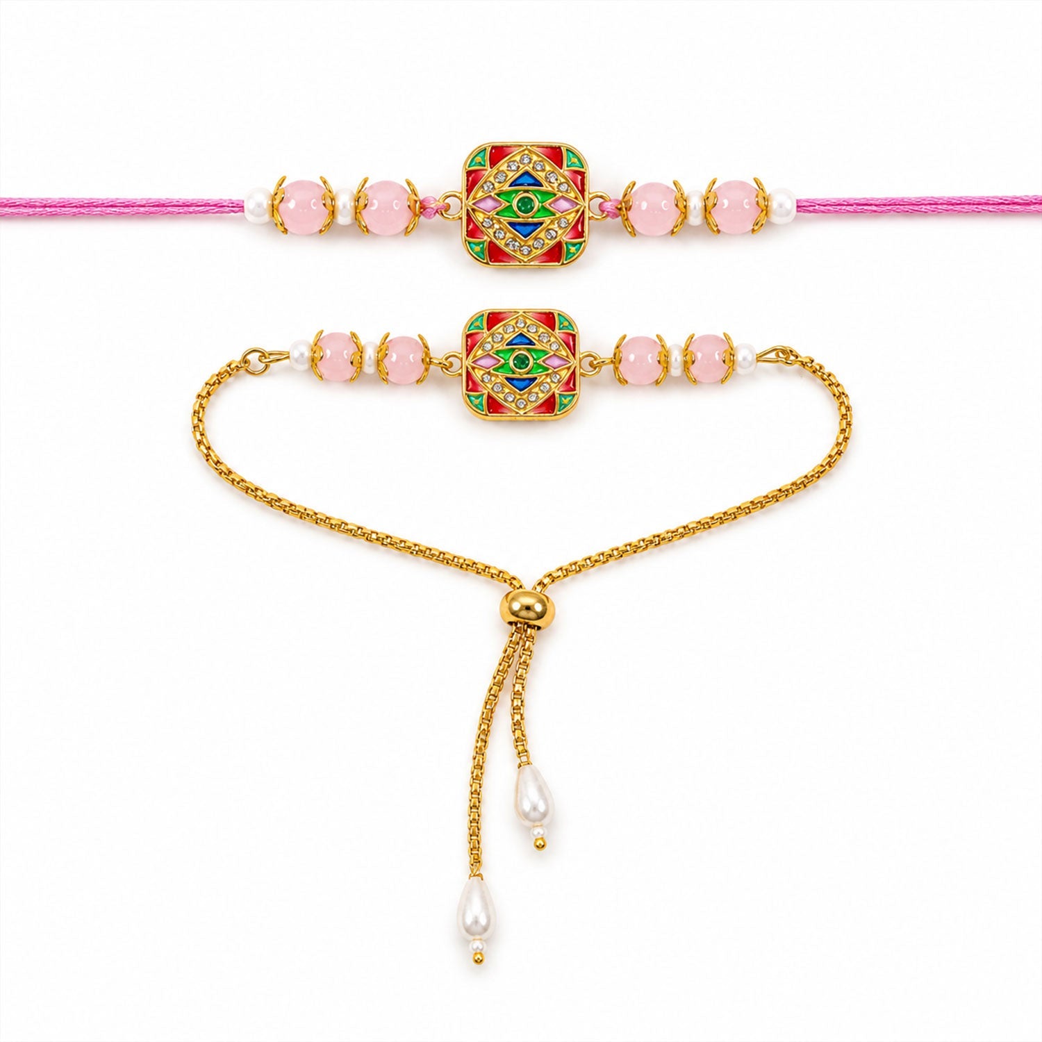 Premium Meenakari Mosaic Square Beads Bhai Bhabhi Rakhi Lumba Set