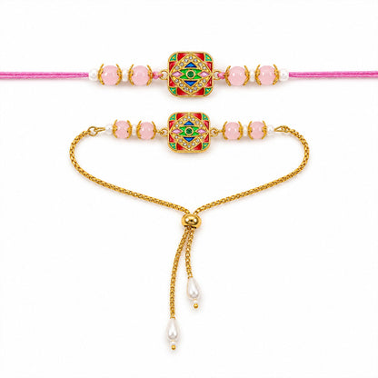 Premium Meenakari Mosaic Square Beads Bhai Bhabhi Rakhi Lumba Set