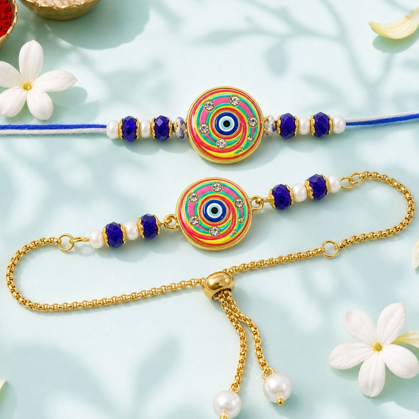 Designer Round Nazar Evil Eye Swirl Enamel Beads Bhai Bhabhi Rakhi Lumba Set