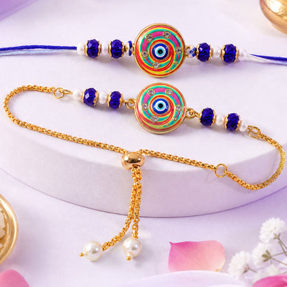 Designer Round Nazar Evil Eye Swirl Enamel Beads Bhai Bhabhi Rakhi Lumba Set