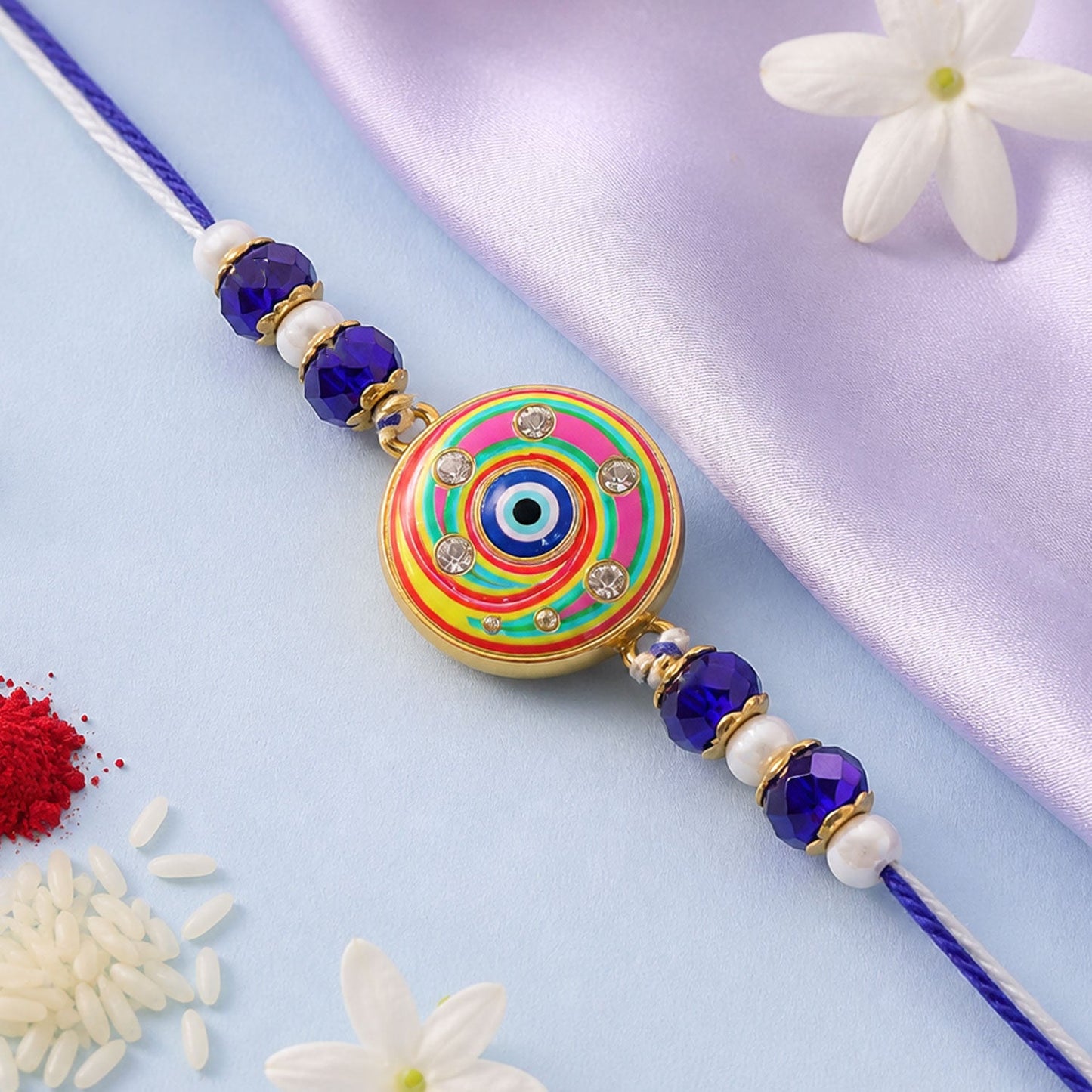 Designer Round Nazar Evil Eye Swirl Enamel Beads Bhai Bhabhi Rakhi Lumba Set