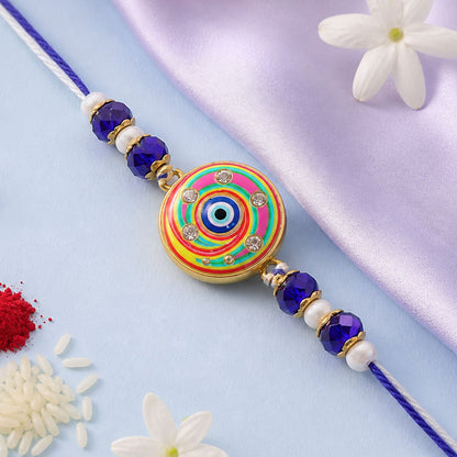 Designer Round Nazar Evil Eye Swirl Enamel Beads Bhai Bhabhi Rakhi Lumba Set