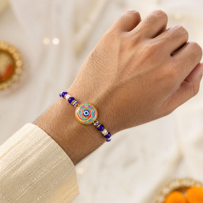 Designer Round Nazar Evil Eye Swirl Enamel Beads Bhai Bhabhi Rakhi Lumba Set