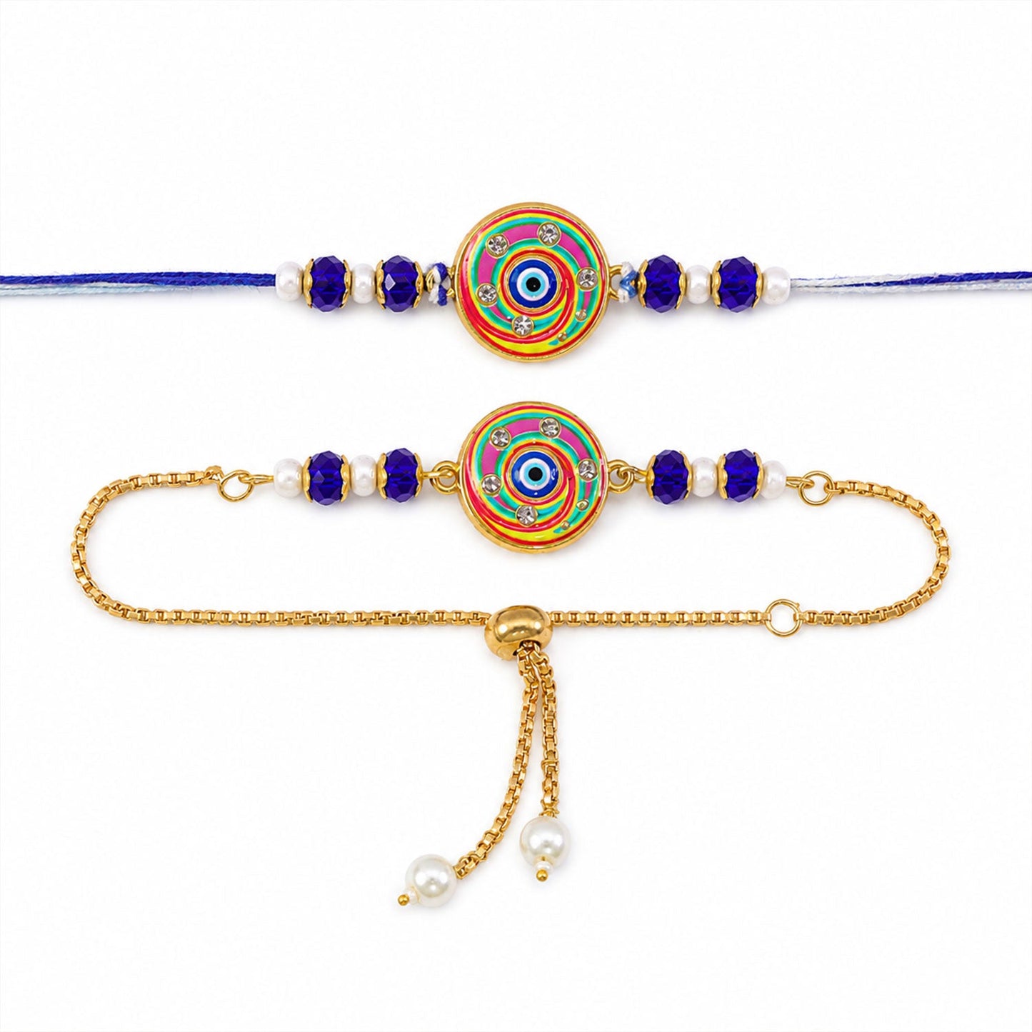 Designer Round Nazar Evil Eye Swirl Enamel Beads Bhai Bhabhi Rakhi Lumba Set