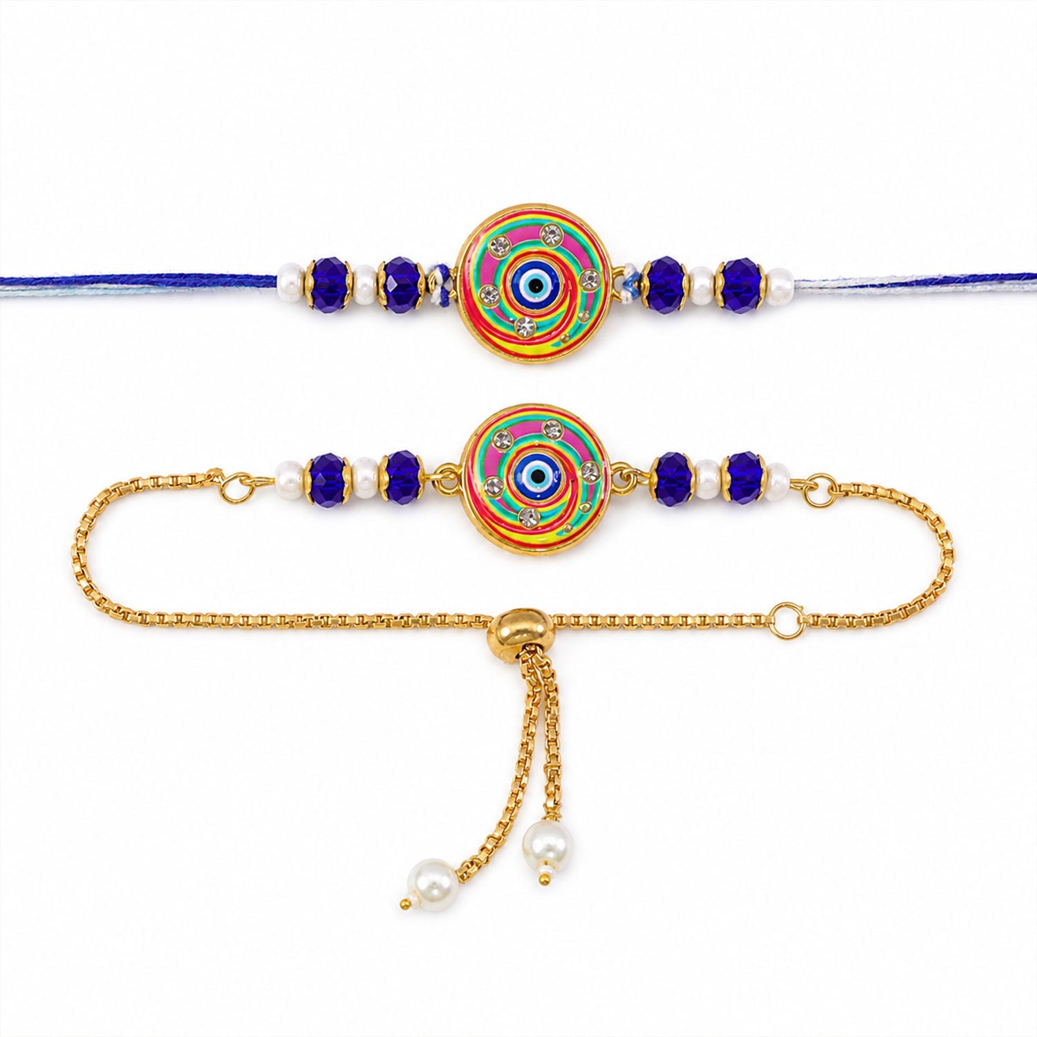 Designer Round Nazar Evil Eye Swirl Enamel Beads Bhai Bhabhi Rakhi Lumba Set