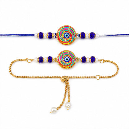 Designer Round Nazar Evil Eye Swirl Enamel Beads Bhai Bhabhi Rakhi Lumba Set