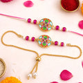 Premium Round Floral Meenakari Kundan Beads Bhai Bhabhi Rakhi Lumba Set