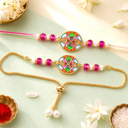 Premium Round Floral Meenakari Kundan Beads Bhai Bhabhi Rakhi Lumba Set