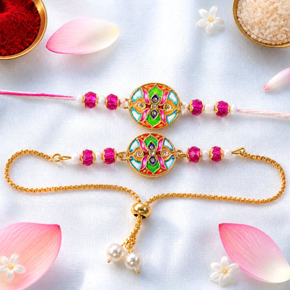Premium Round Floral Meenakari Kundan Beads Bhai Bhabhi Rakhi Lumba Set
