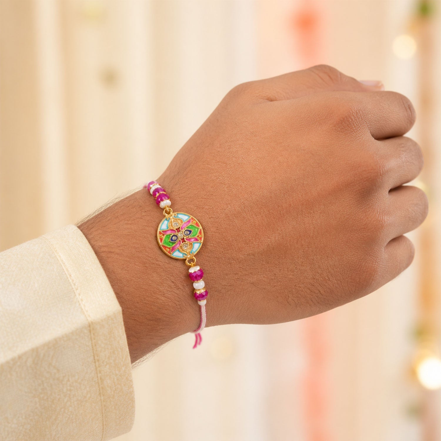Premium Round Floral Meenakari Kundan Beads Bhai Bhabhi Rakhi Lumba Set