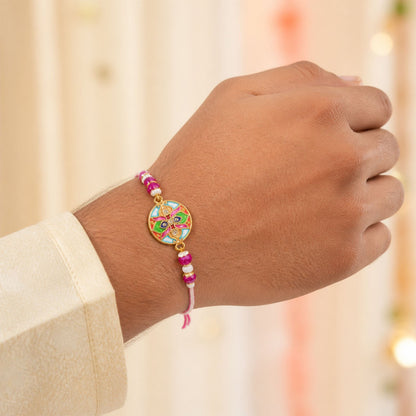 Premium Round Floral Meenakari Kundan Beads Bhai Bhabhi Rakhi Lumba Set