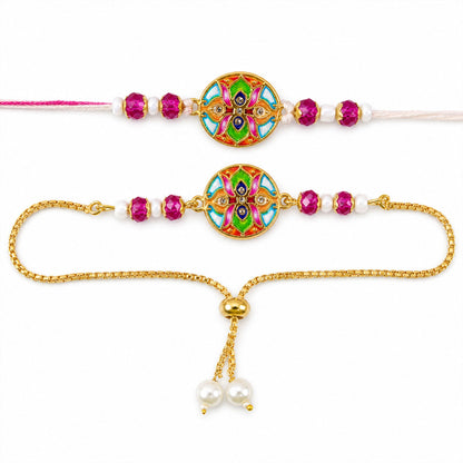 Premium Round Floral Meenakari Kundan Beads Bhai Bhabhi Rakhi Lumba Set