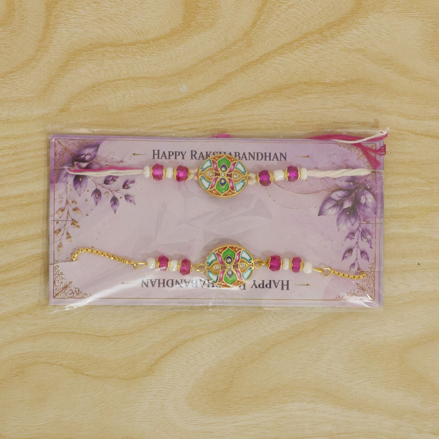 Premium Round Floral Meenakari Kundan Beads Bhai Bhabhi Rakhi Lumba Set