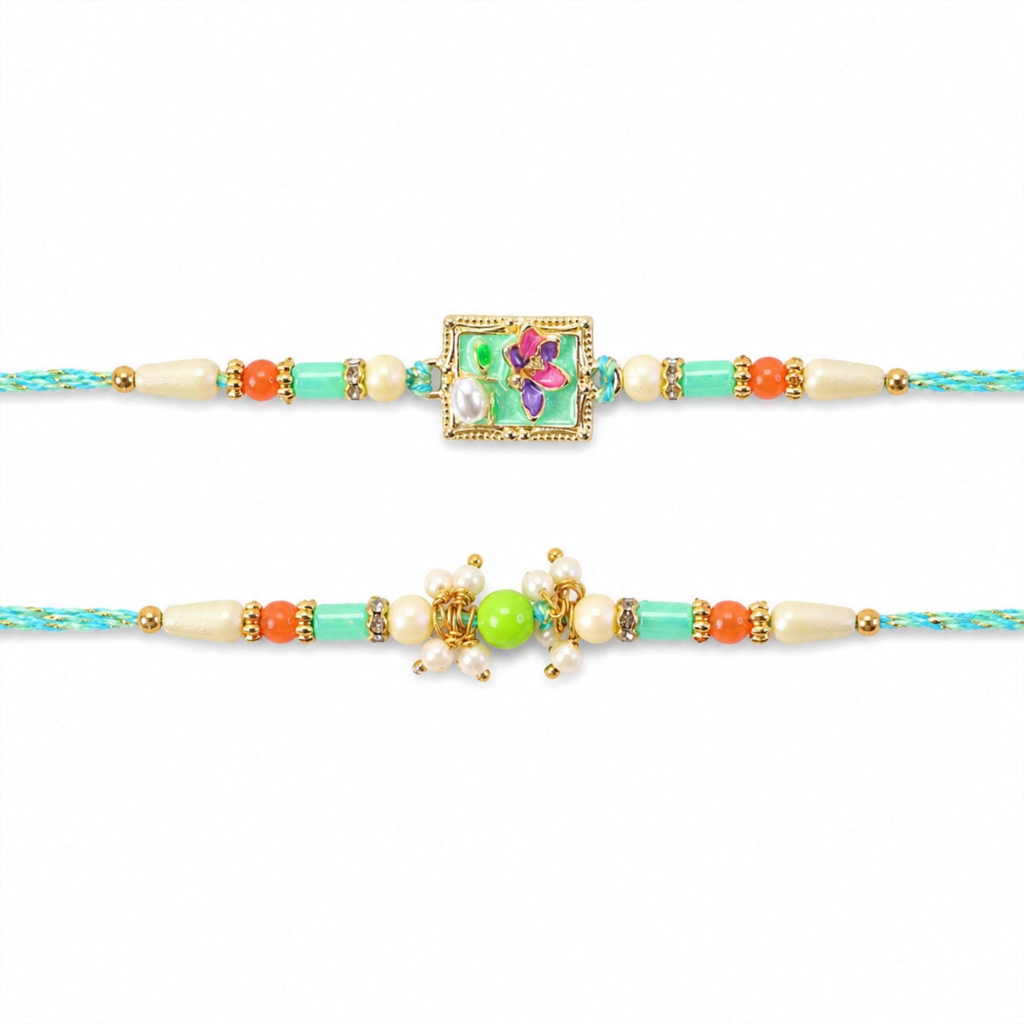 Premium Square Floral Bhai Bhabhi Lumba Rakhi with Pearl Drop Design