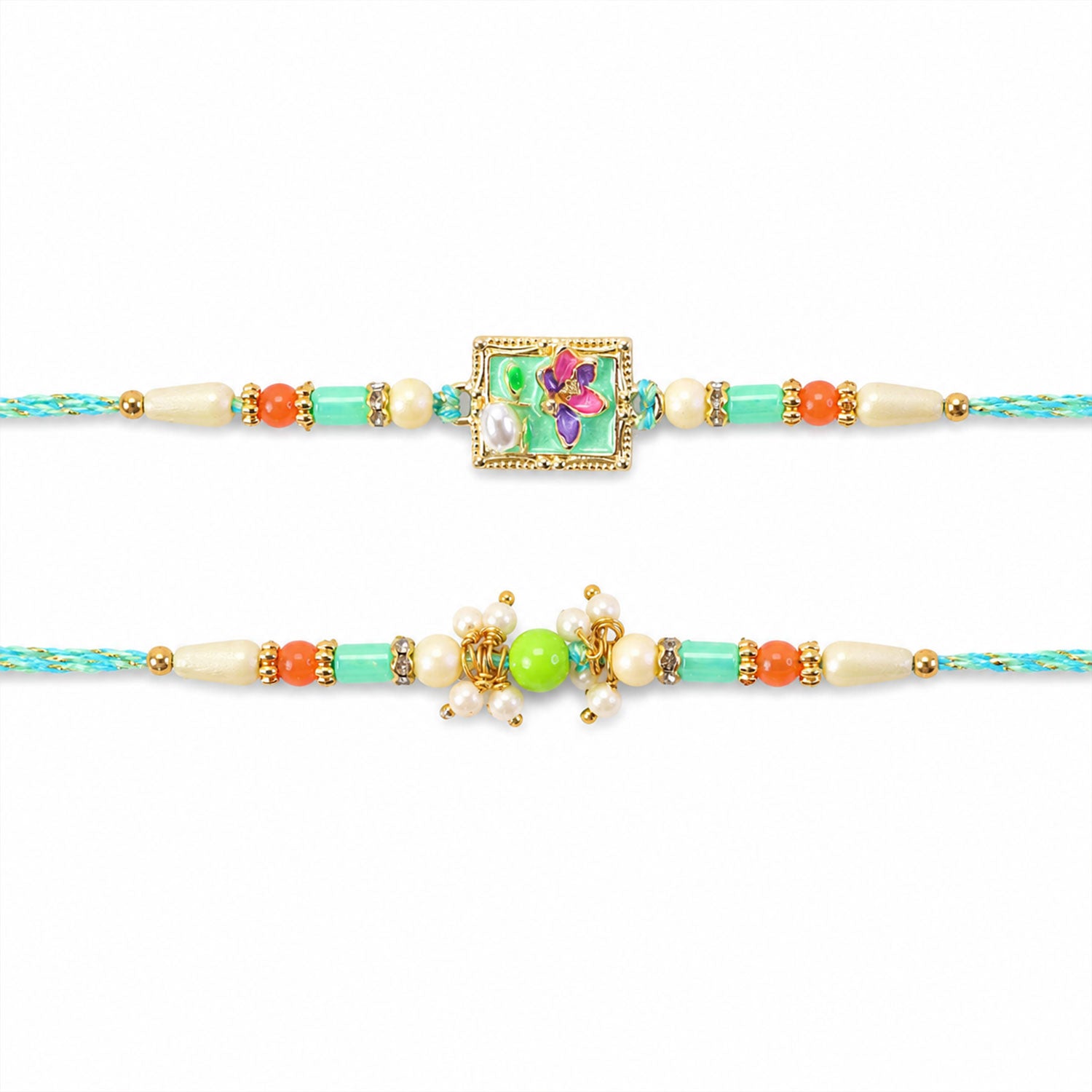 Premium Square Floral Bhai Bhabhi Lumba Rakhi with Pearl Drop Design