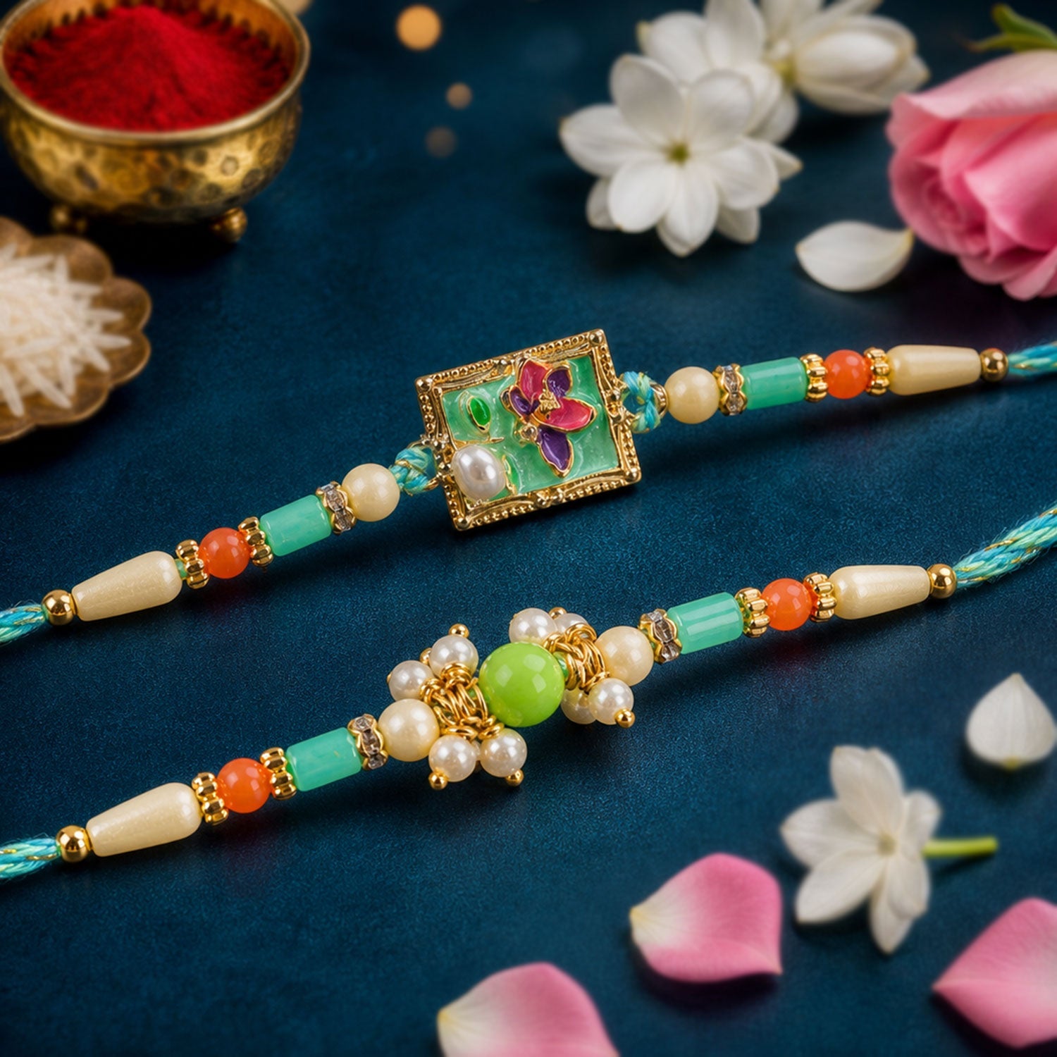Premium Square Floral Bhai Bhabhi Lumba Rakhi with Pearl Drop Design