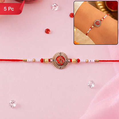 Om Round Charm Rakhi with Pearl Beads for Brothers (5pcs)