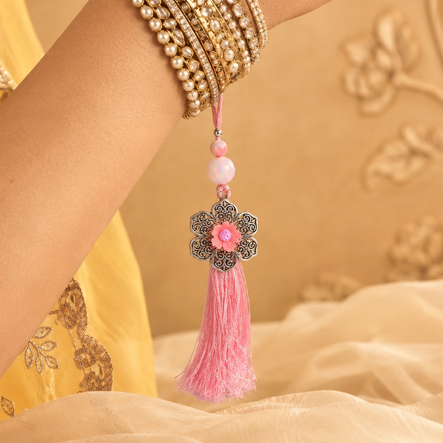 Premium Elegant Flower Design bhai bhabhi Lumba Rakhi for Raksha Bandhan