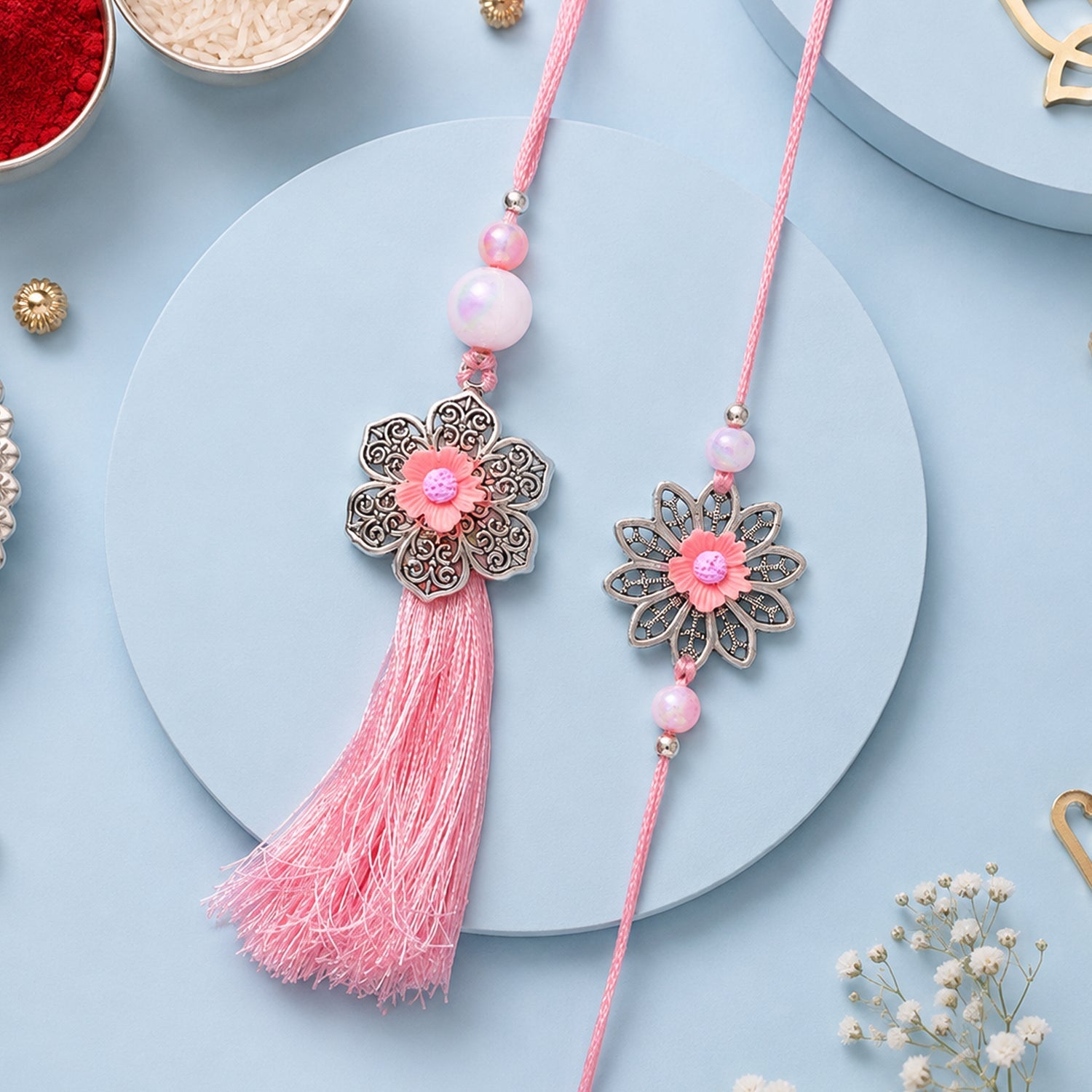 Premium Elegant Flower Design bhai bhabhi Lumba Rakhi for Raksha Bandhan