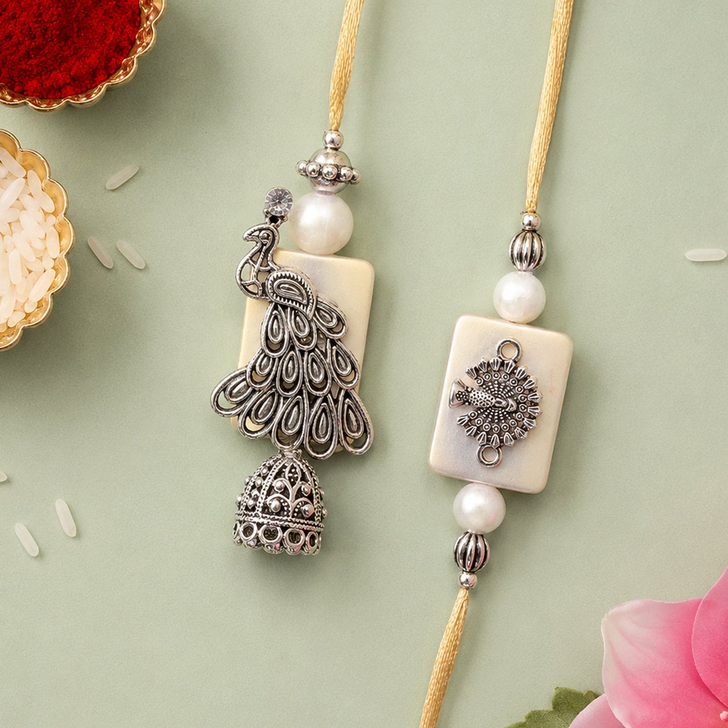 Premium Stylish Peacock Motif Bhai Bhabhi Lumba Rakhi for Raksha Bandhan