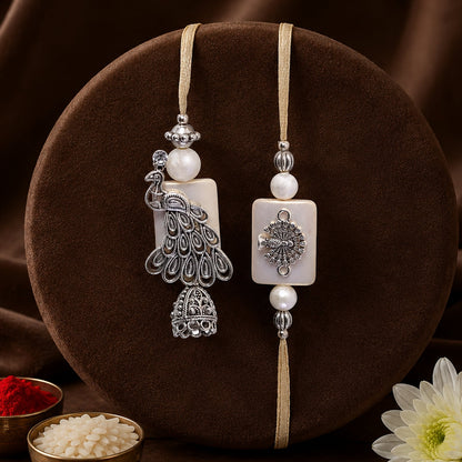 Premium Stylish Peacock Motif Bhai Bhabhi Lumba Rakhi for Raksha Bandhan