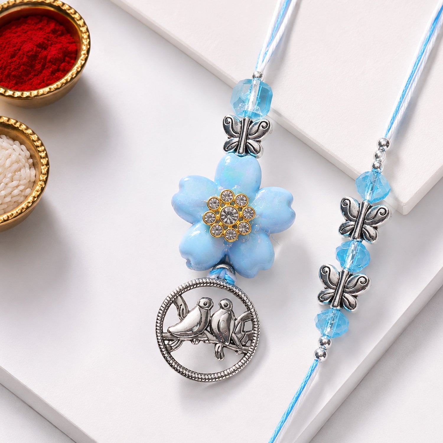 Premium Stylish Beads Flower Motif Bhai Bhabhi Lumba Rakhi Gift