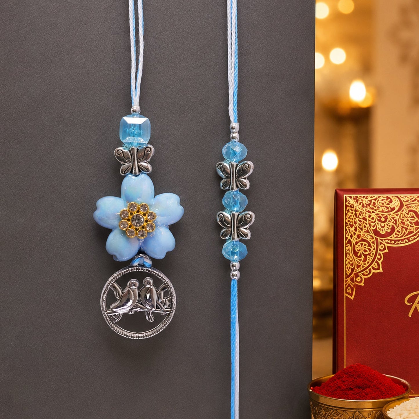 Premium Stylish Beads Flower Motif Bhai Bhabhi Lumba Rakhi Gift