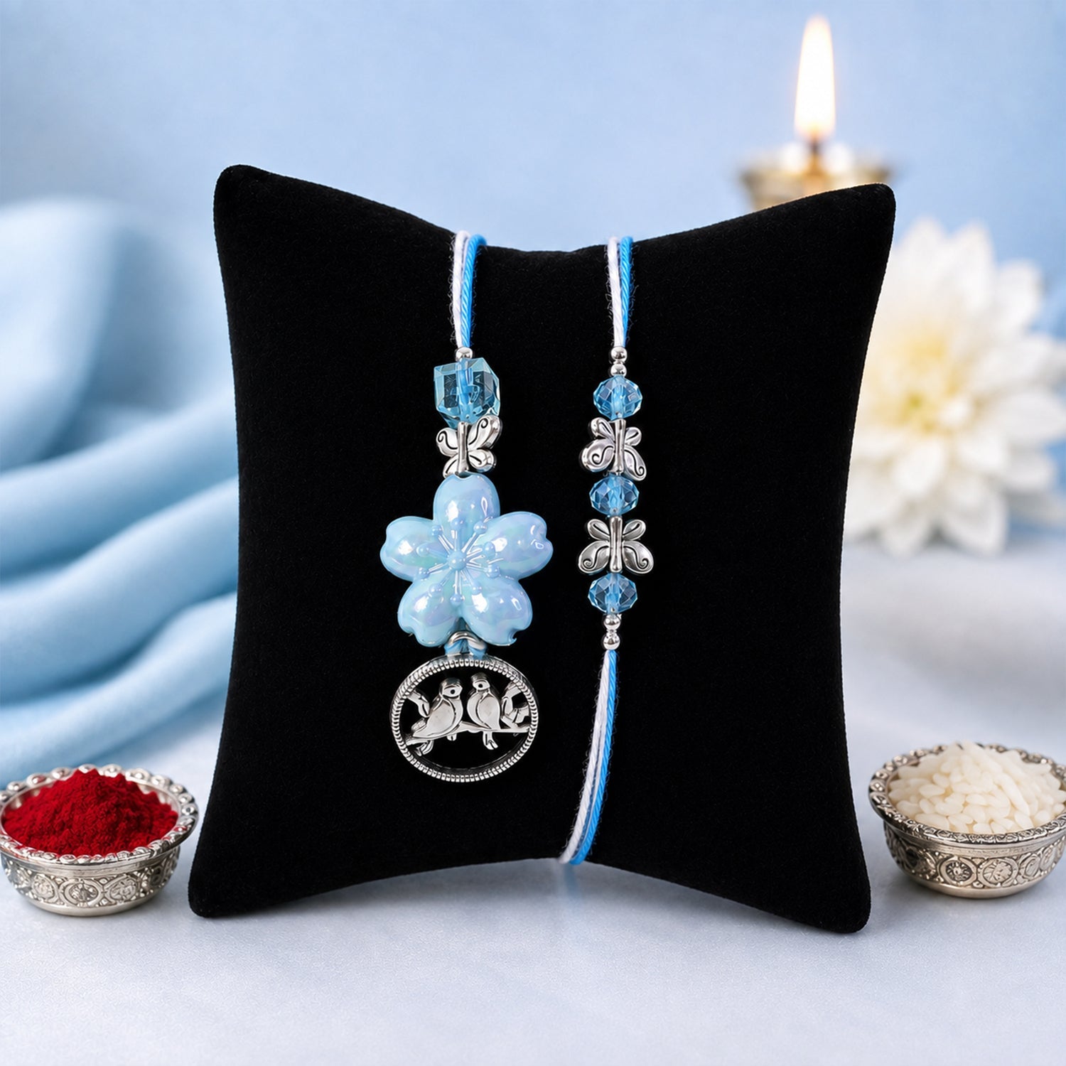 Premium Stylish Beads Flower Motif Bhai Bhabhi Lumba Rakhi Gift