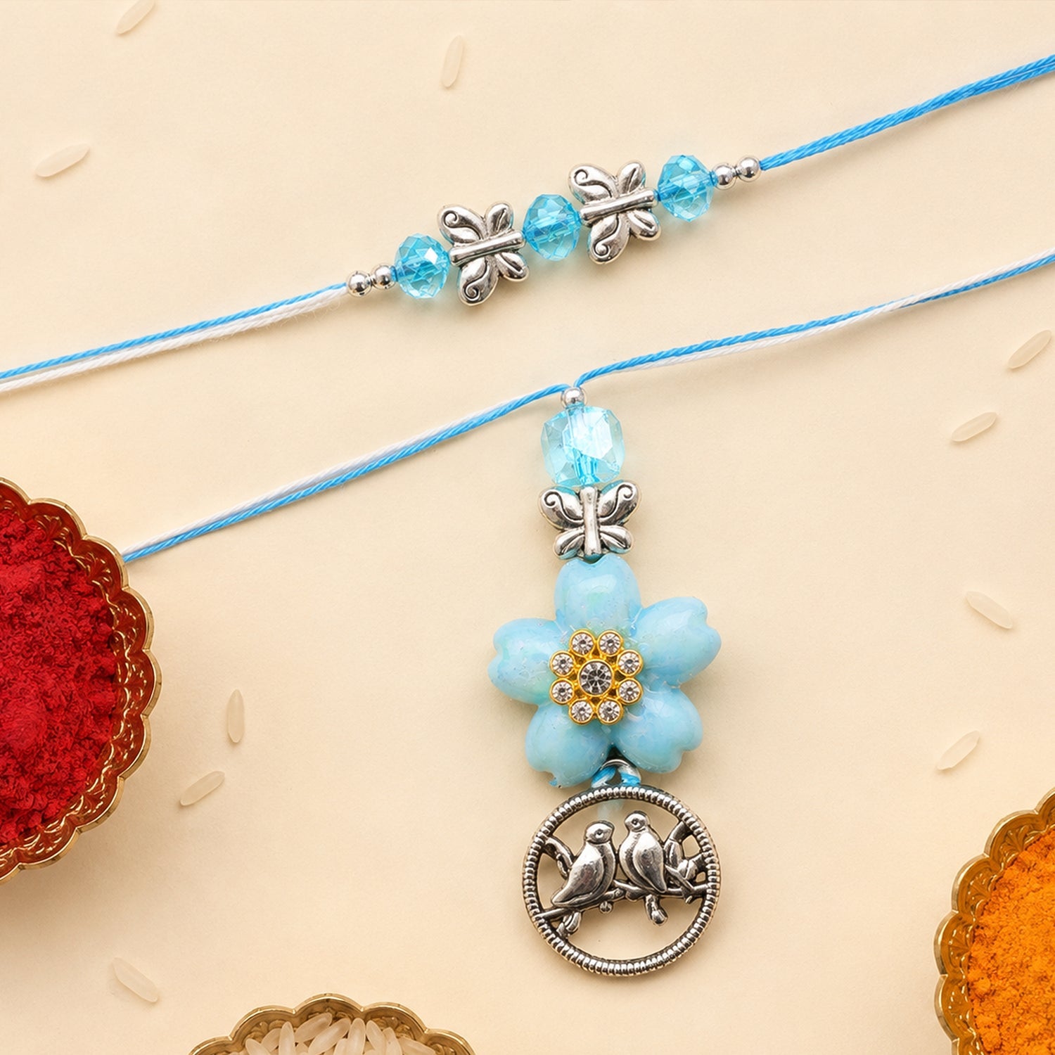 Premium Stylish Beads Flower Motif Bhai Bhabhi Lumba Rakhi Gift
