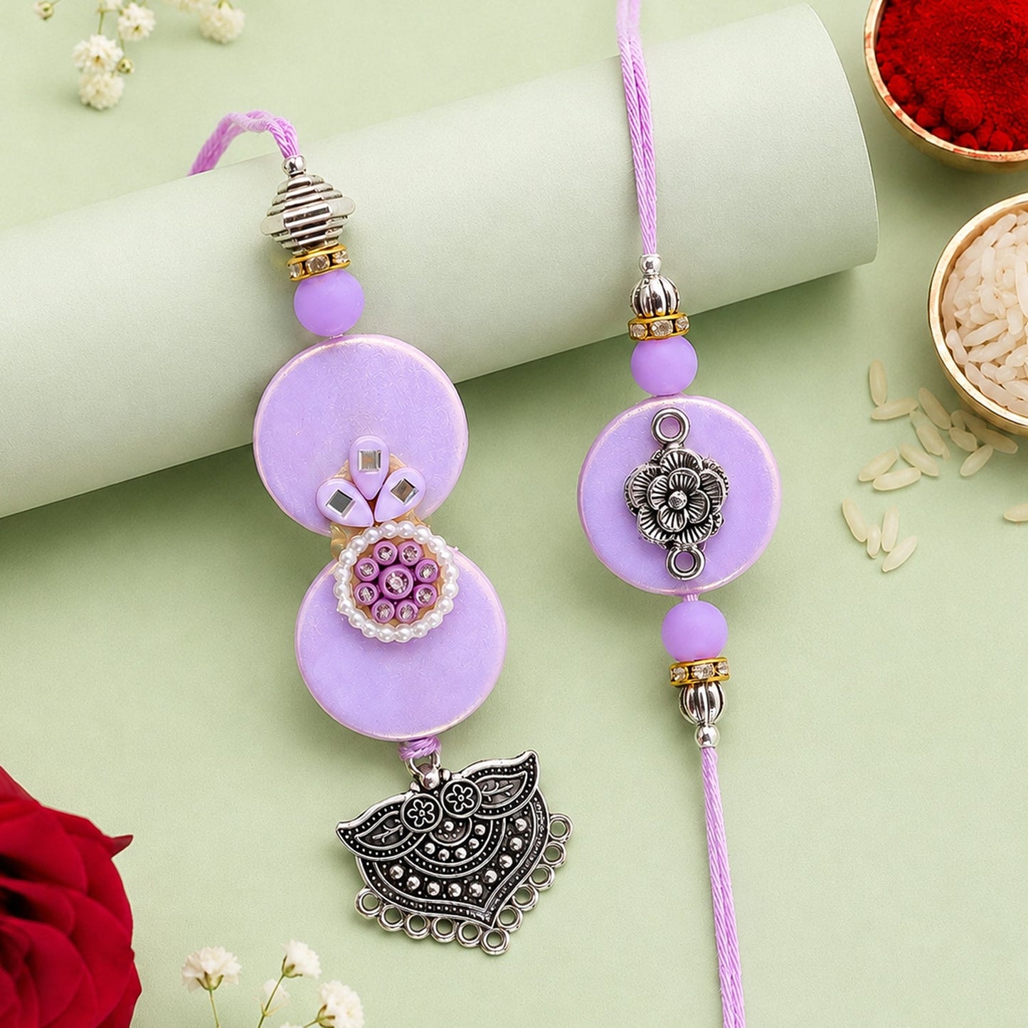 Premium Beautiful Floral Design Bhai Bhabhi Lumba Rakhi