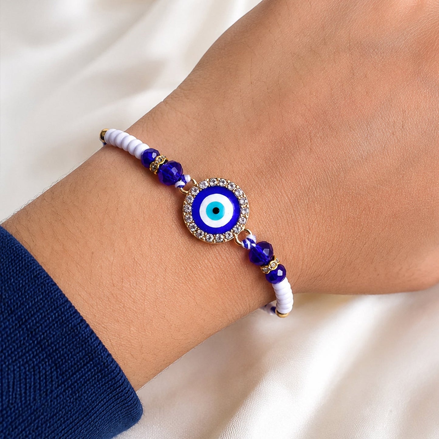 Classic Evil Eye Kundan Beaded Rakhi with Round Protective Charm