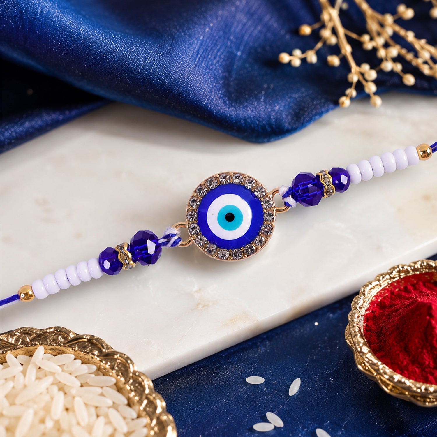 Classic Evil Eye Kundan Beaded Rakhi with Round Protective Charm