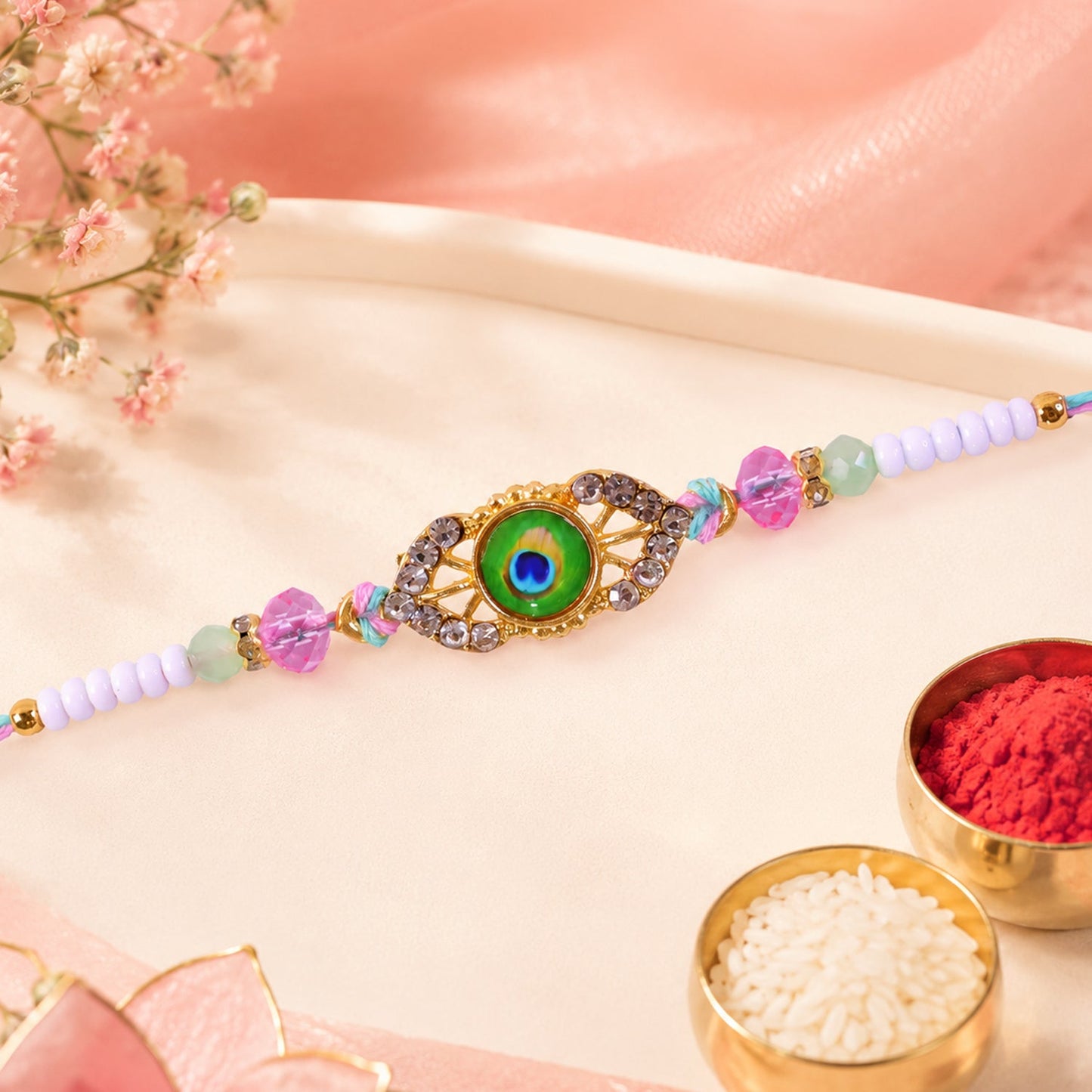 Peacock Feather Kundan Beaded Rakhi with Floral Center Charm Design