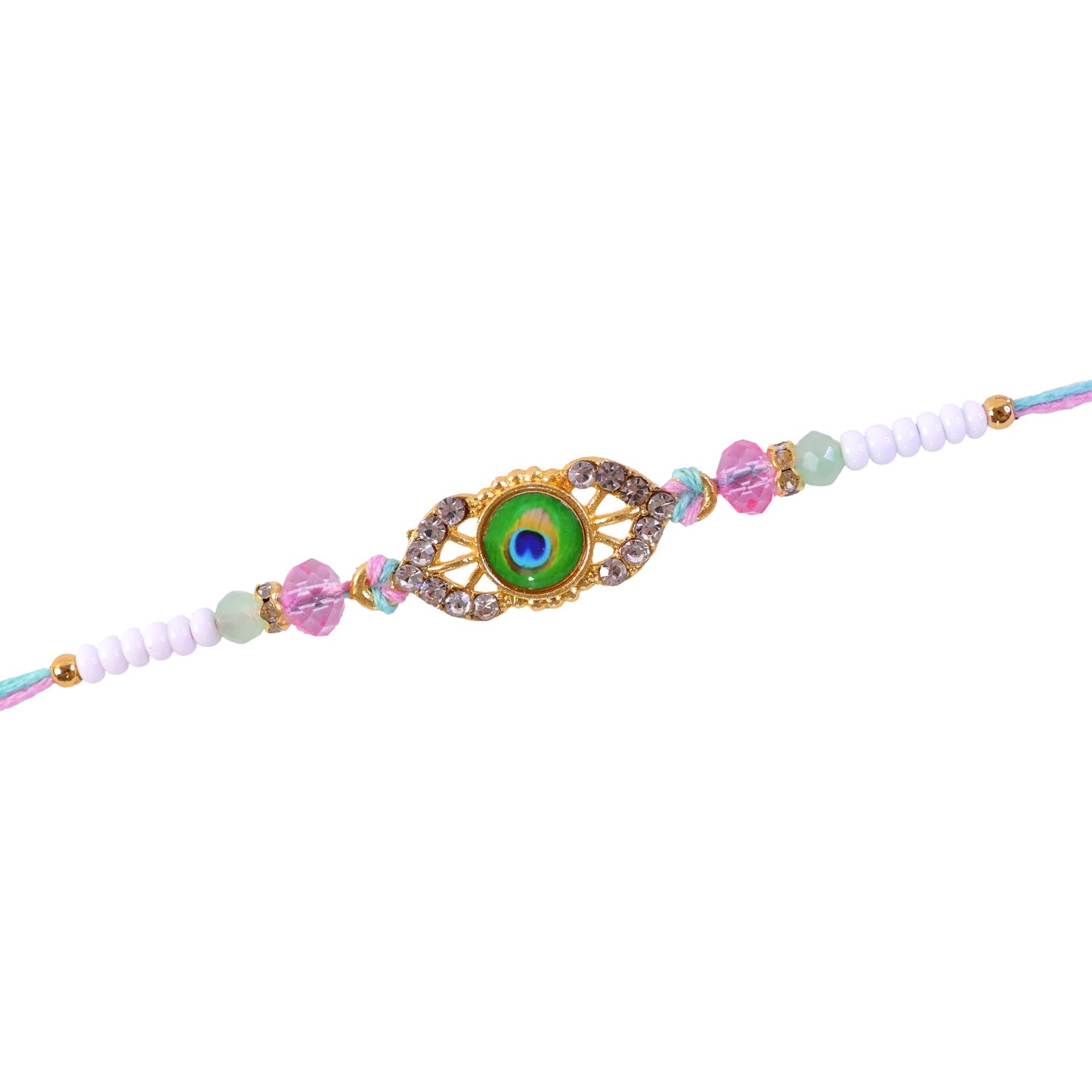 Peacock Feather Kundan Beaded Rakhi with Floral Center Charm Design