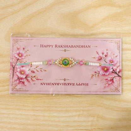 Peacock Feather Kundan Beaded Rakhi with Floral Center Charm Design