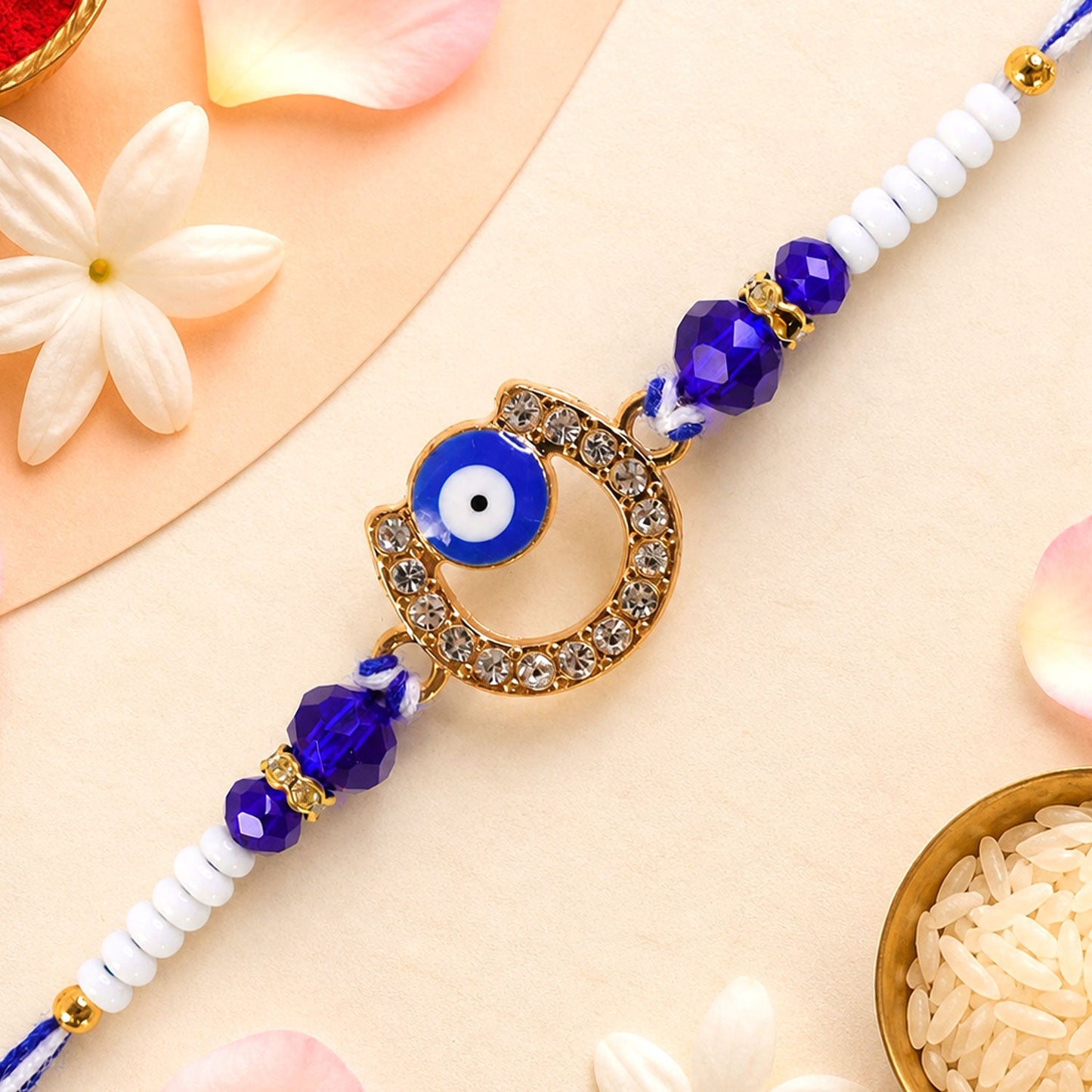Crescent Evil Eye Beaded Rakhi with Crystal Ring Center Charm