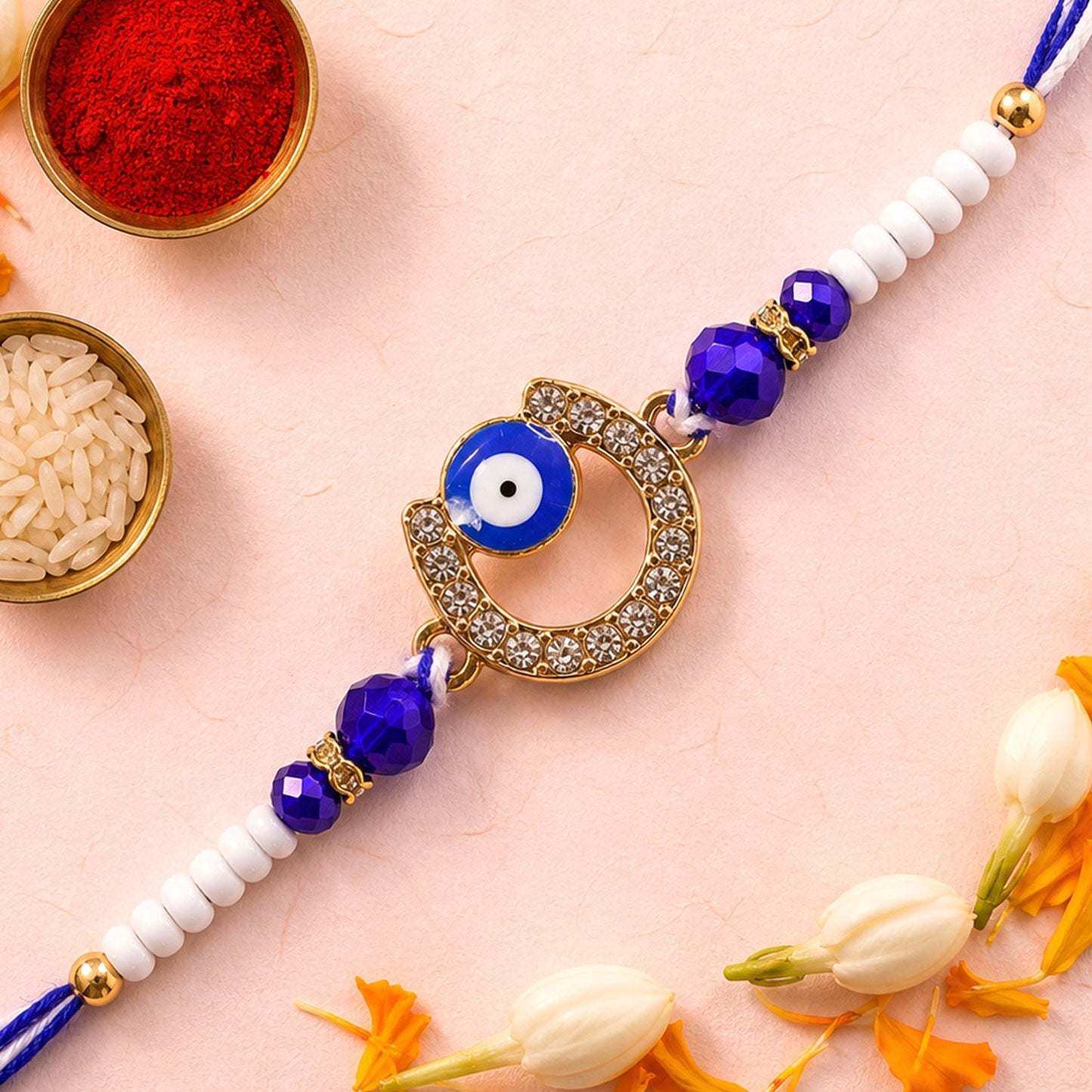 Crescent Evil Eye Beaded Rakhi with Crystal Ring Center Charm