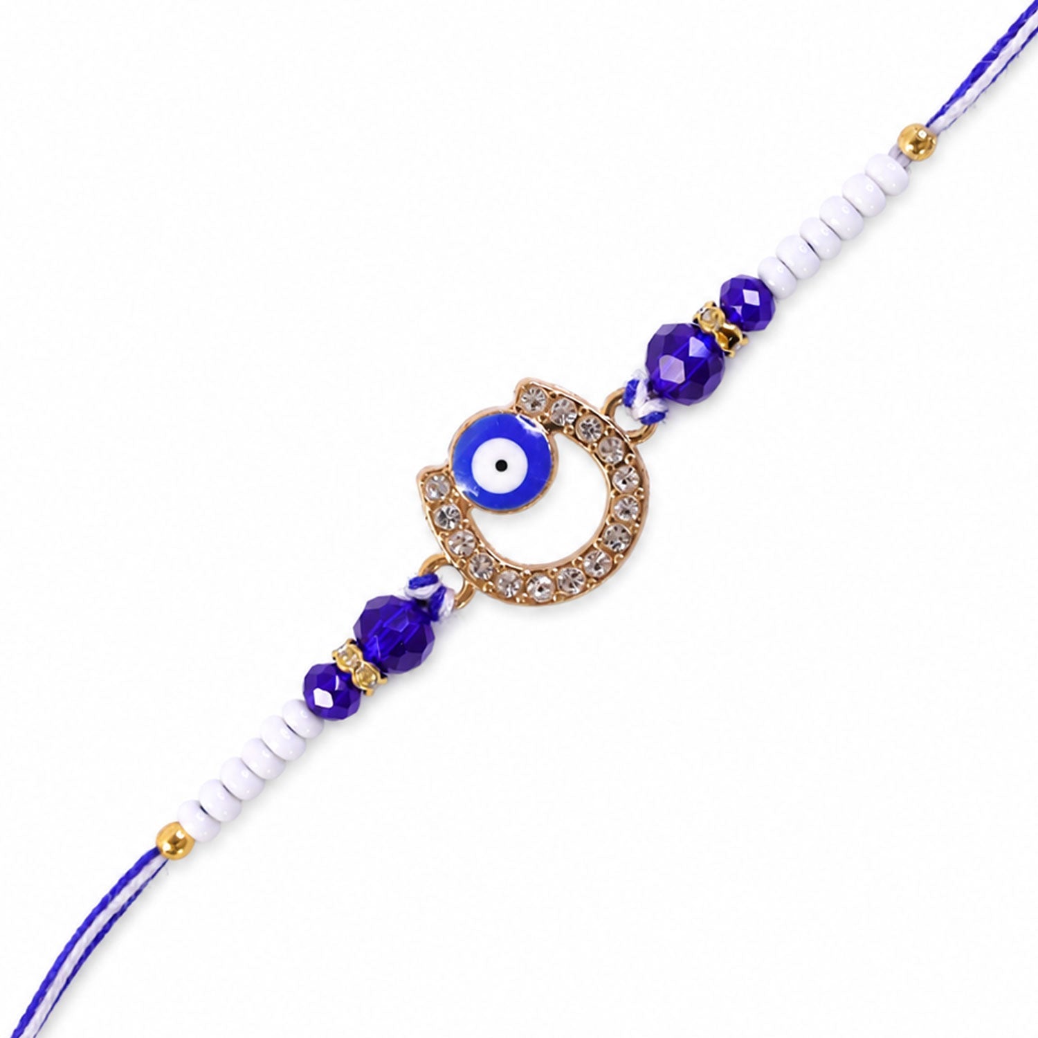 Crescent Evil Eye Beaded Rakhi with Crystal Ring Center Charm